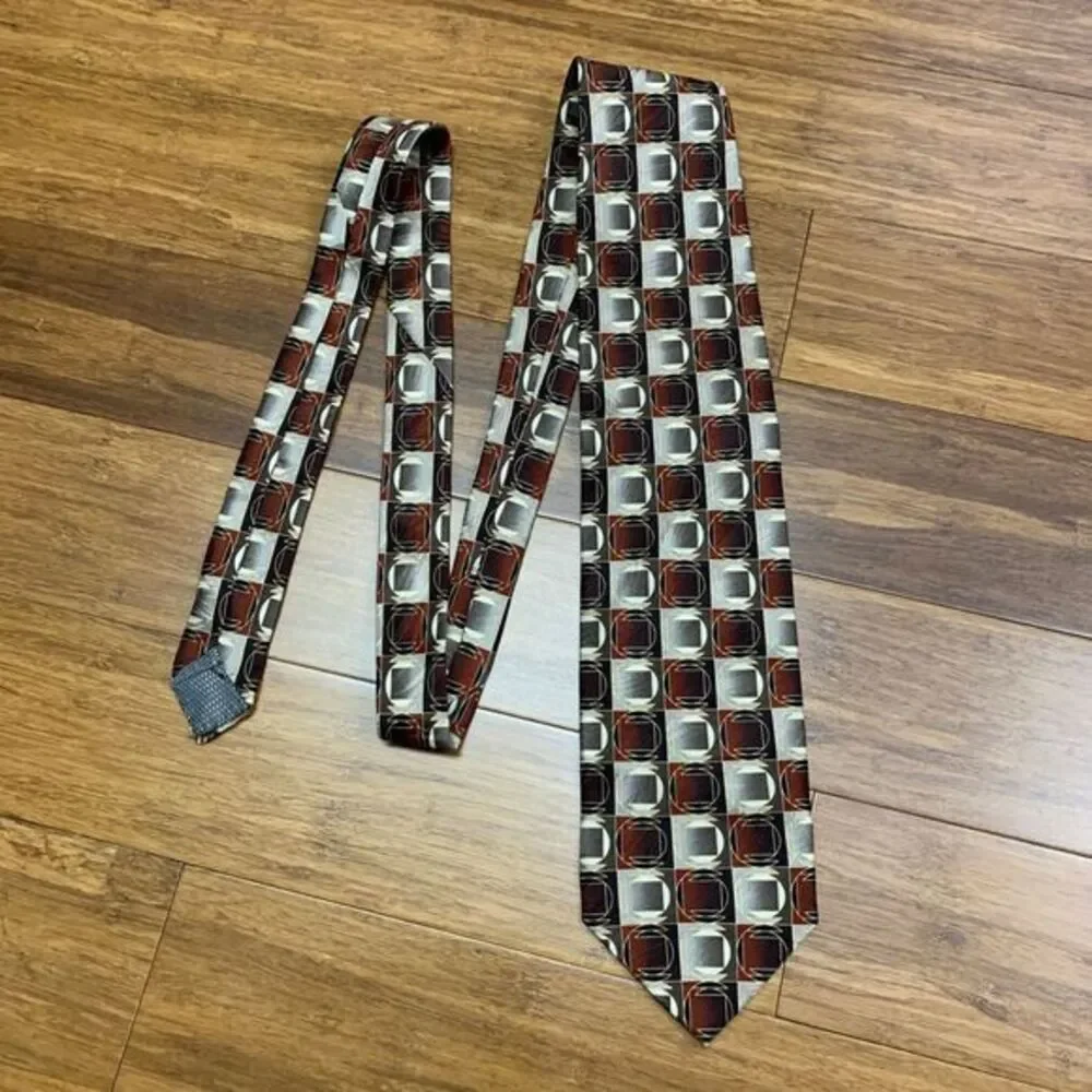 Di Moggio Men's Geometric Square Pattern Silk Neck Tie‎ Brown Metallic Designer